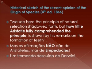 Texto do "Origem das Espécies" no qual Darwin anuncia (equivocadamente) a compatibilidade entre Aristóteles e a seleção natural